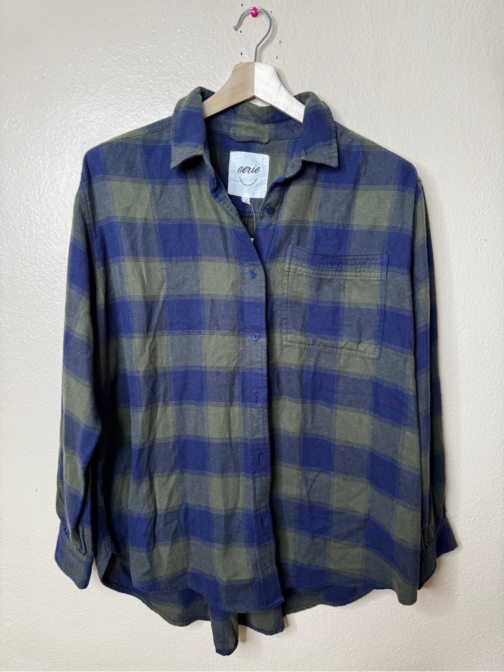 Aerie Womens M Plaid Flannel Shirt Blue Green 100% Cotton Button Up Pocket NWT